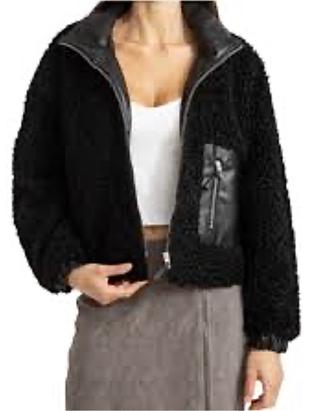 Blank NYC Black Sherpa Jacket with Faux-Leather Zip Pocket